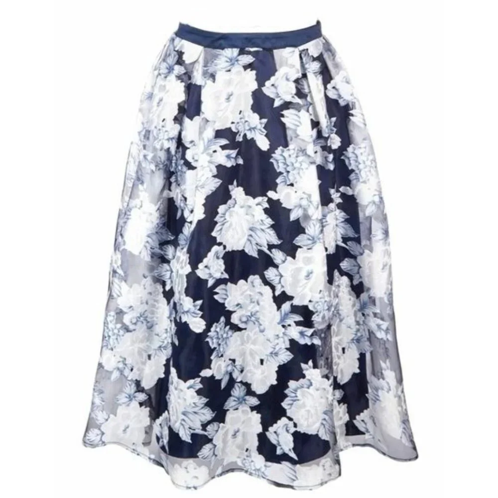 Nanette Lapore Girls Blue Floral Print Layered Satin Maxi Skirt Size XL 16 Years